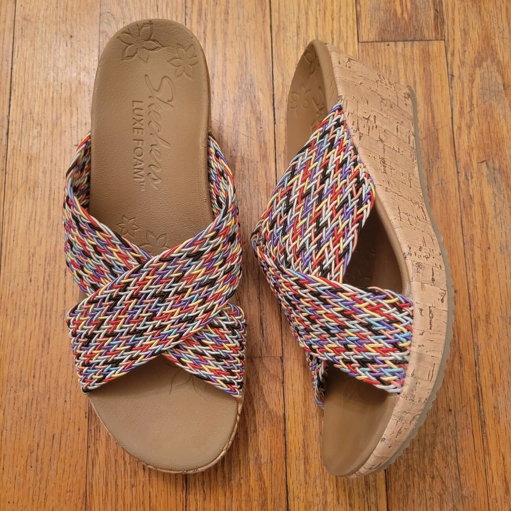 Skechers Wedge Sandals Multi Woven Luxe Foam Cork BEVERLEE Summer Coastal Beach